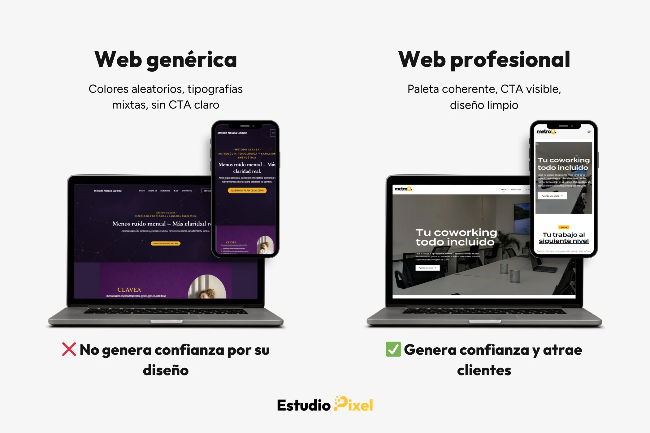 Comparación entre una página web genérica que no vende y una web profesional diseñada para convertir visitantes en clientes